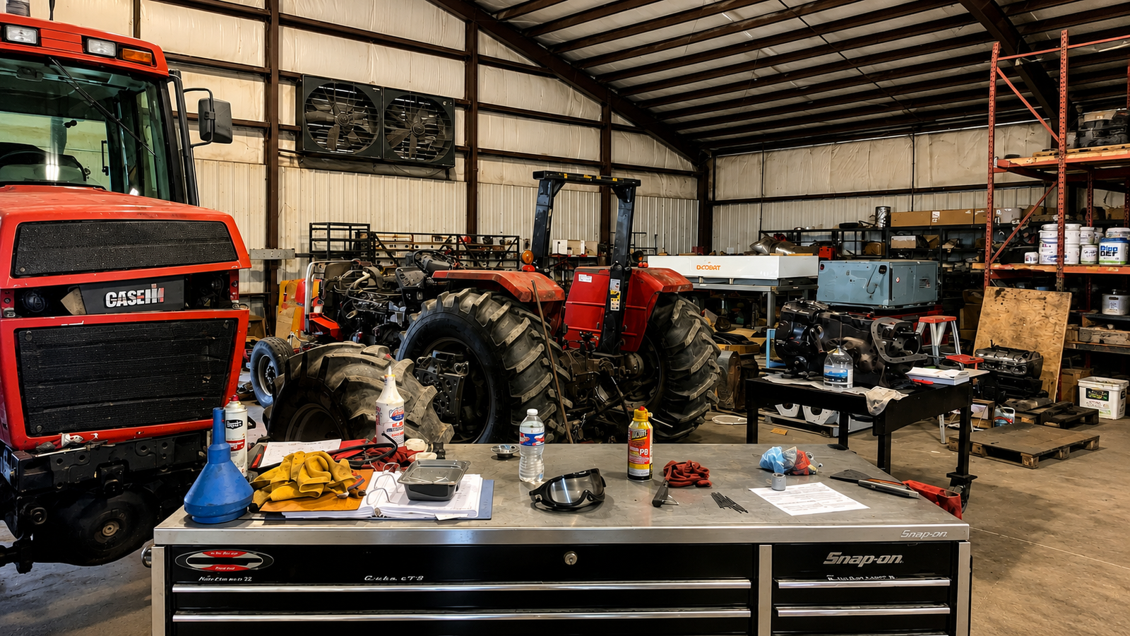 CASE IH tractor repair workshop with technician working