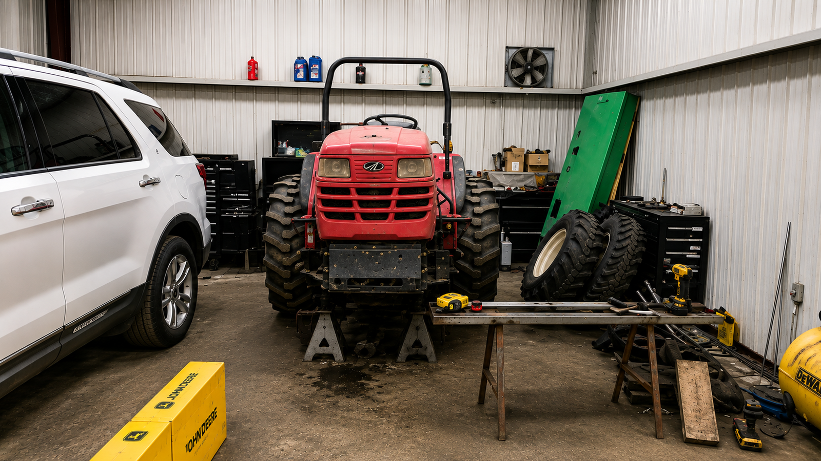 Red tractor under repair in workshop