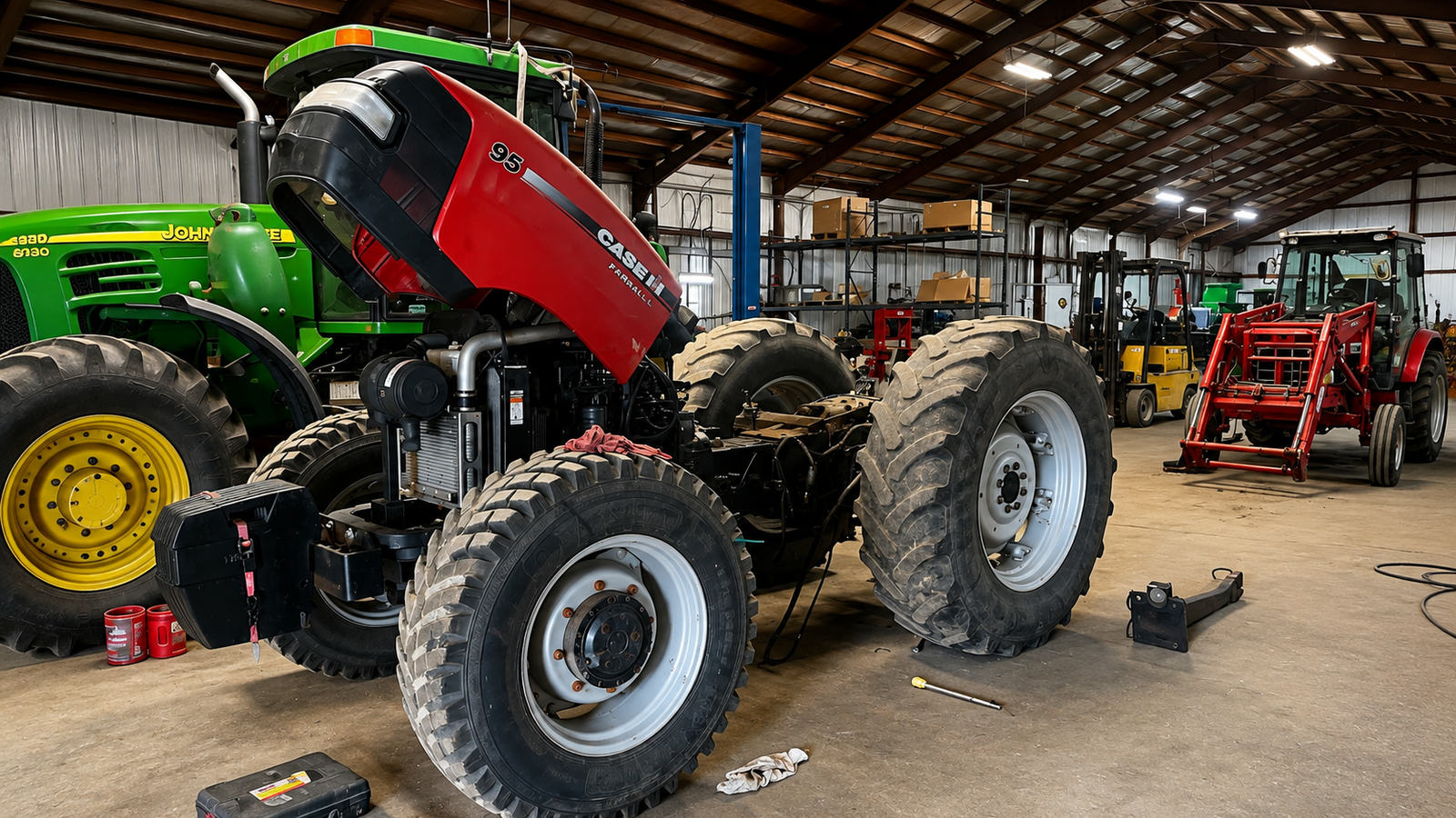 Tractor repair in a busy workshop